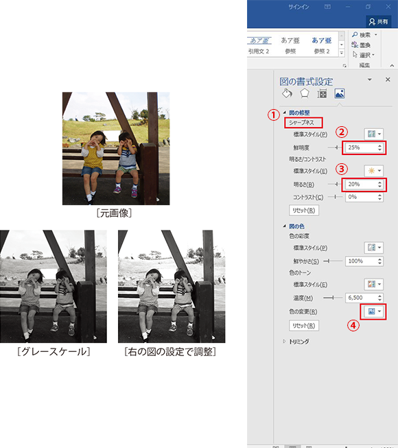 カラー写真を「図の書式設定」で調整をする