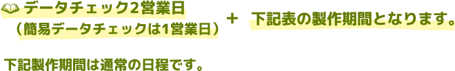 データチェック2営業日（簡易データチェックは1営業日）＋下記表の製作期間となります。下記製作期間は通常の日程です。