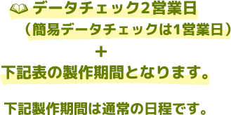 データチェック2営業日（簡易データチェックは1営業日）＋下記表の製作期間となります。下記製作期間は通常の日程です。